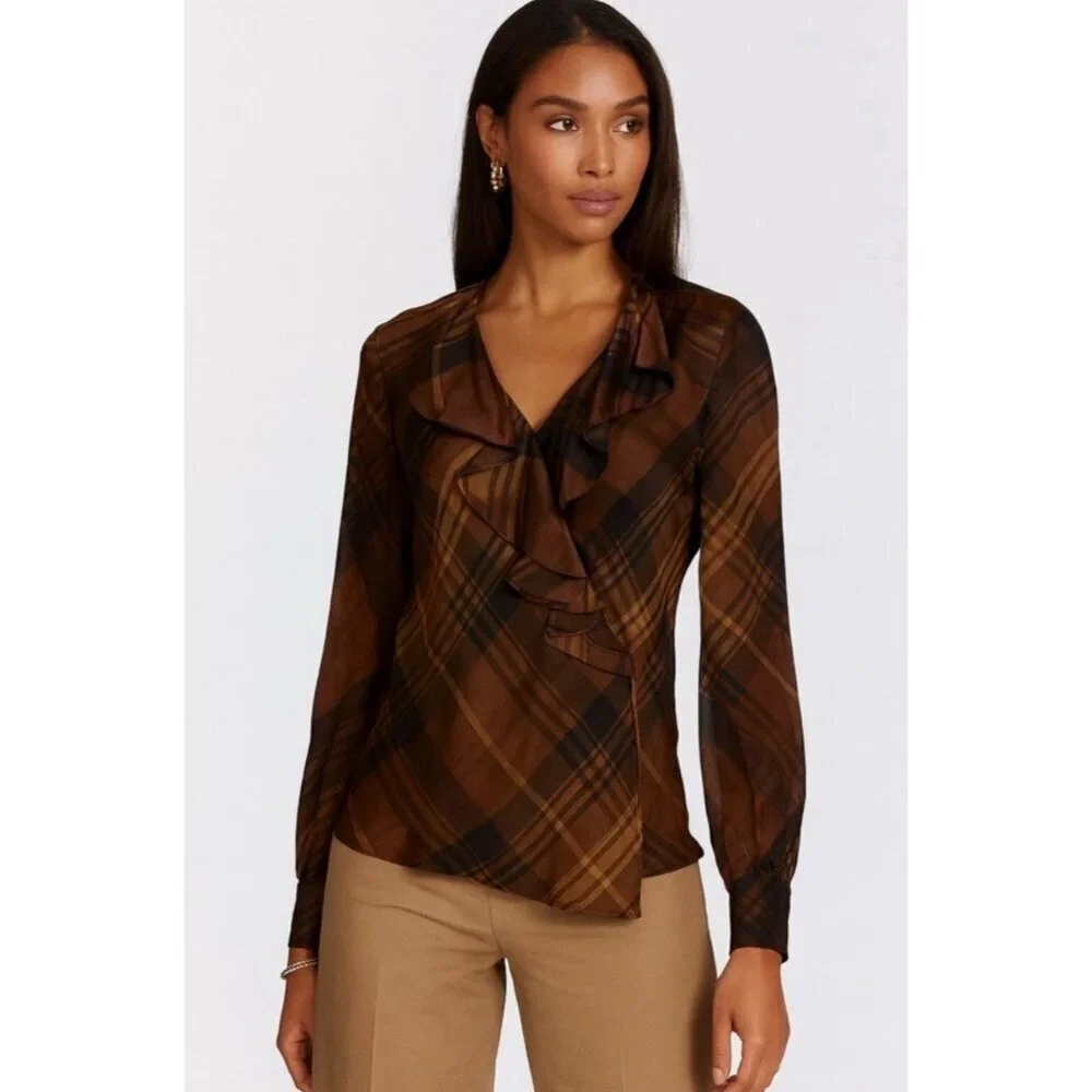 NEW! Lauren Ralph Lauren 100% Silk Wrap Blouse Plaid V-neck Ruffles Brown SZ 10